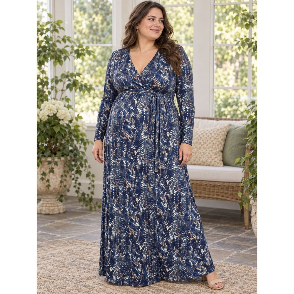 52. Jessica Simpson Maternity Blue Snakeskin Print Wrap Maxi Long Sleeve XL